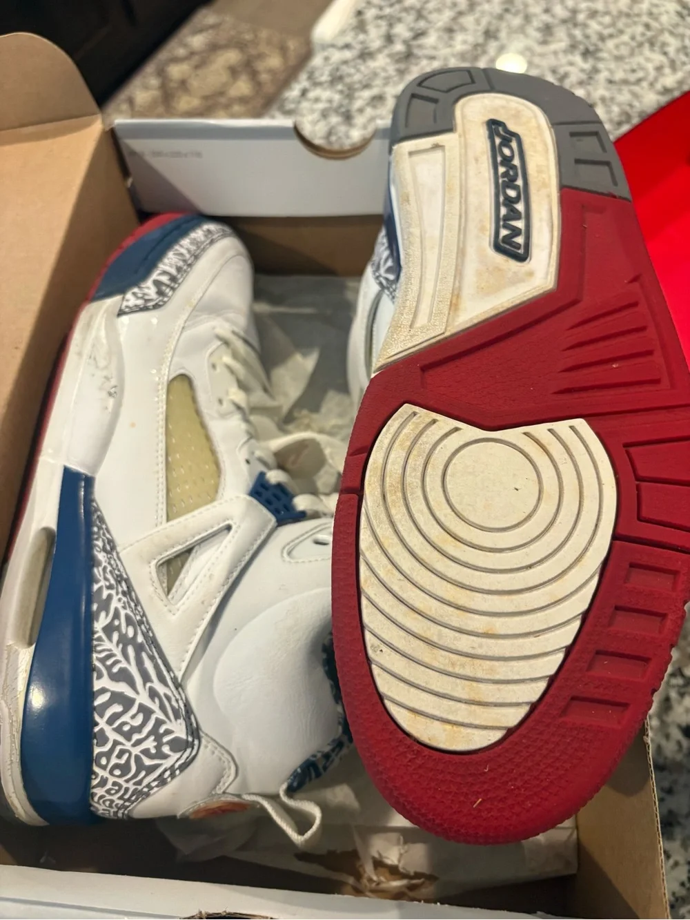Jordan White, Blue & Red Retro Basketball Sneakers